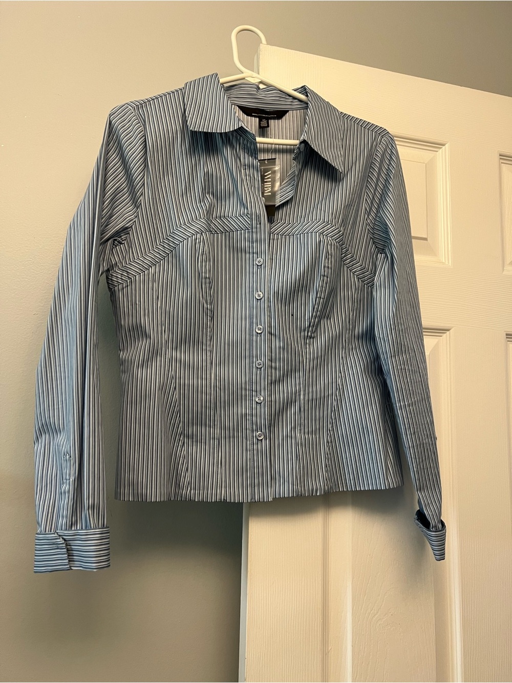 White House Black Market Blue & White Striped Button-Up Blouse